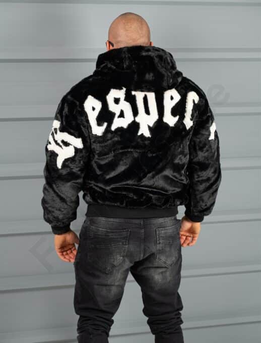 Geaca bomber din blana eco cu doua fete si aplicatie RESPECT-negru cod 1916