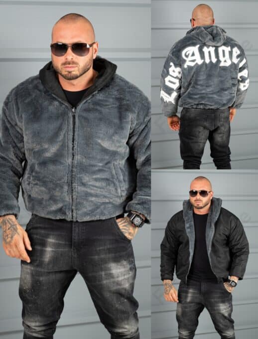 Geaca Oversize din blana eco cu doua fete si aplicatie Los Angeles-gri inchis cod 253-1