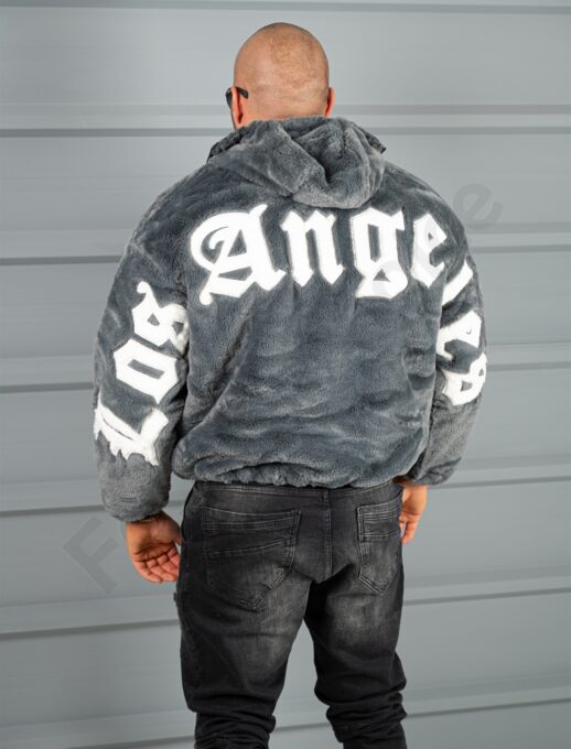 Geaca Oversize din blana eco cu doua fete si aplicatie Los Angeles-gri inchis cod 253-1