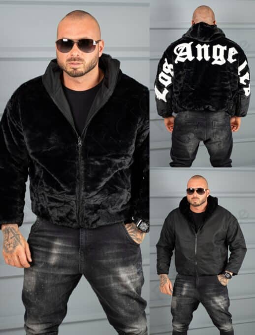 Geaca Oversize din blana eco cu doua fete si aplicatie Los Angeles-negru cod 253