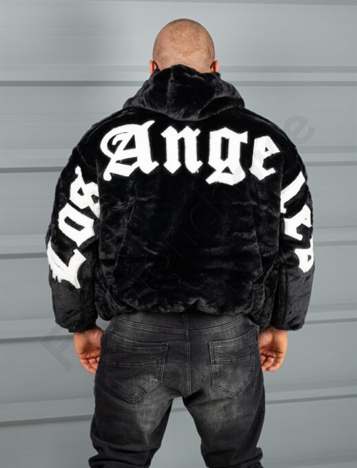 Geaca Oversize din blana eco cu doua fete si aplicatie Los Angeles-negru cod 253