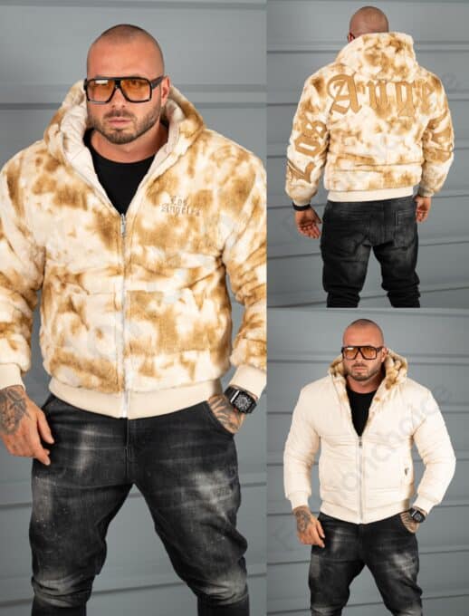 Geaca bomber din blana eco cu doua fete si aplicatie Los Angeles-bej/moca cod 6269-1