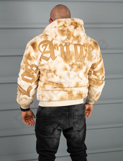 Geaca bomber din blana eco cu doua fete si aplicatie Los Angeles-bej/moca cod 6269-1