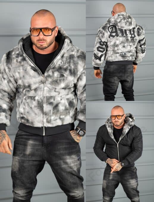 Geaca bomber din blana eco cu doua fete si aplicatie Los Angeles-negru/gri cod 6269