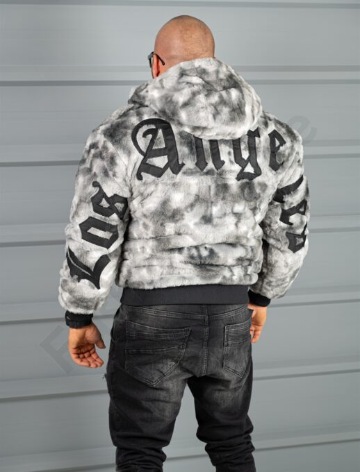 Geaca bomber din blana eco cu doua fete si aplicatie Los Angeles-negru/gri cod 6269