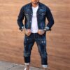 Compleu pentru barbati din denim cu efect rupt si inscriptii-albastru/alb cod 2493-1