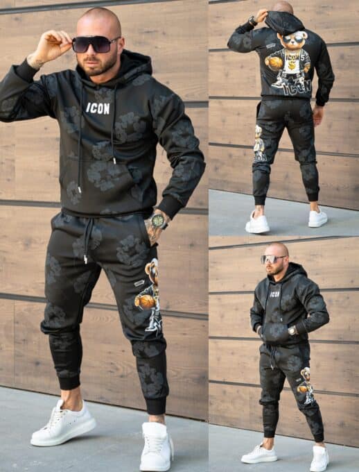 Compleu pentru barbati cu hanorac hoodie si imprimeu ICON-negru cod 349