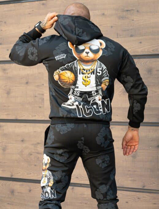 Compleu pentru barbati cu hanorac hoodie si imprimeu ICON-negru cod 349