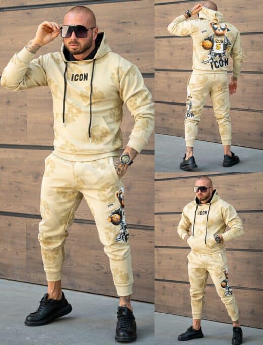 Compleu pentru barbati cu hanorac hoodie si imprimeu ICON-bej cod 349-1