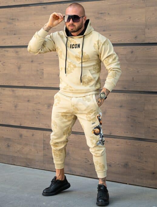 Compleu pentru barbati cu hanorac hoodie si imprimeu ICON-bej cod 349-1
