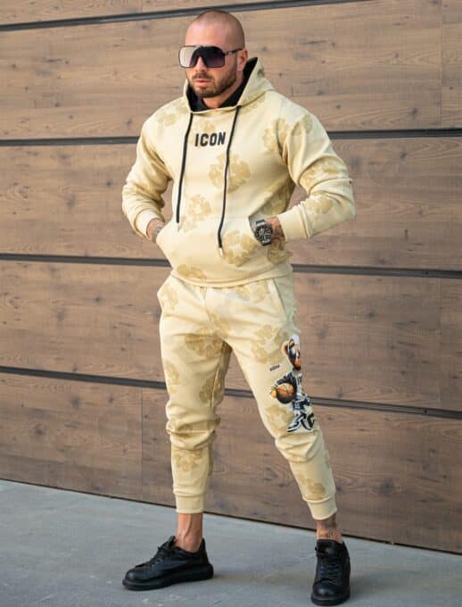 Compleu pentru barbati cu hanorac hoodie si imprimeu ICON-bej cod 349-1
