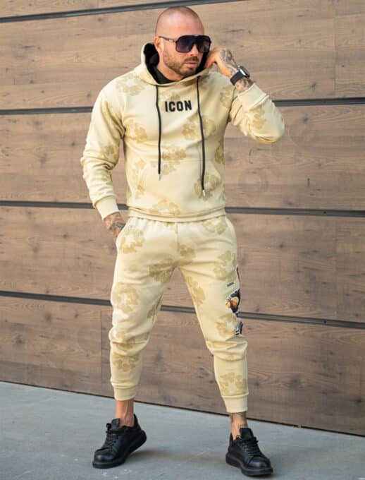 Compleu pentru barbati cu hanorac hoodie si imprimeu ICON-bej cod 349-1