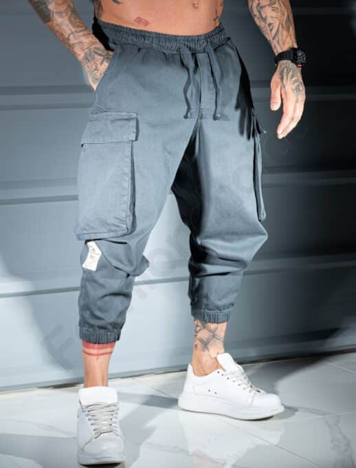 Pantalon cargo-jogger pentru barbati cu turul lasat si embleme-gri cod 3118