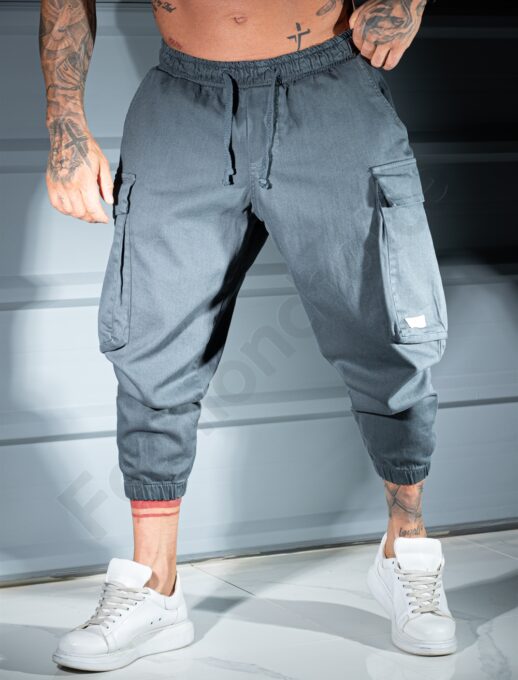 Pantalon cargo-jogger pentru barbati cu turul lasat si embleme-gri cod 3118