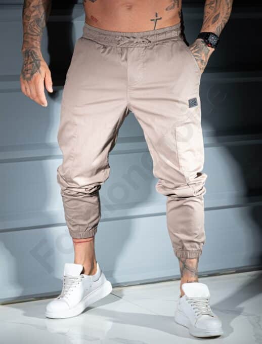 Pantalon jogger pentru barbati cu emblema mica-bej cod 3119-2