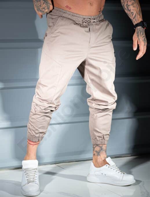 Pantalon jogger pentru barbati cu emblema mica-bej cod 3119-2
