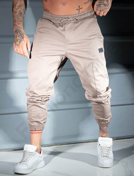 Pantalon jogger pentru barbati cu emblema mica-bej cod 3119-2