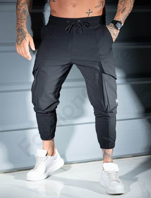 Pantalon sport pentru barbati din fas cu buzunare cargo in culoare negru cod 9191