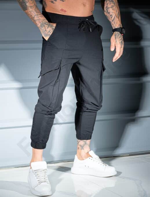 Pantalon sport pentru barbati din fas cu buzunare cargo in culoare negru cod 9191