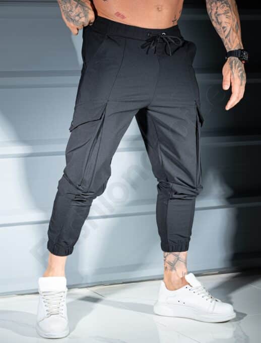 Pantalon sport pentru barbati din fas cu buzunare cargo in culoare negru cod 9191