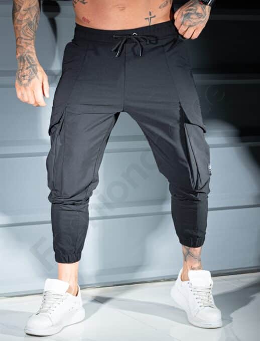 Pantalon sport pentru barbati din fas cu buzunare cargo in culoare negru cod 9191