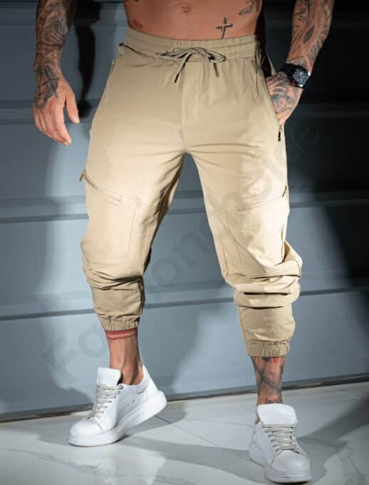 Pantalon sport pentru barbati din fas cu buzunare in fata-bej cod 26175-1