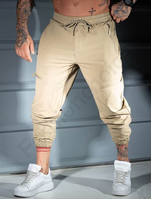 Pantalon sport pentru barbati din fas cu buzunare in fata-bej cod 26175-1