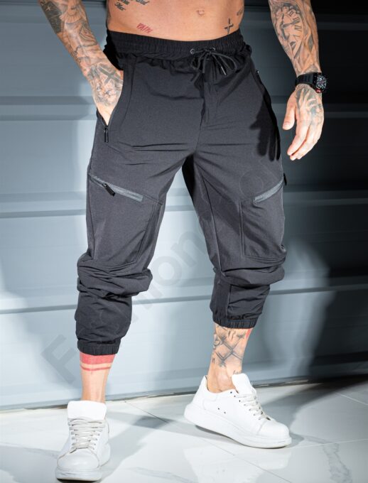 Pantalon sport pentru barbati din fas cu buzunare in fata-negru cod 26175