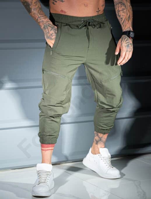 Pantalon sport pentru barbati din fas cu buzunare in fata-kaki cod 26175-2