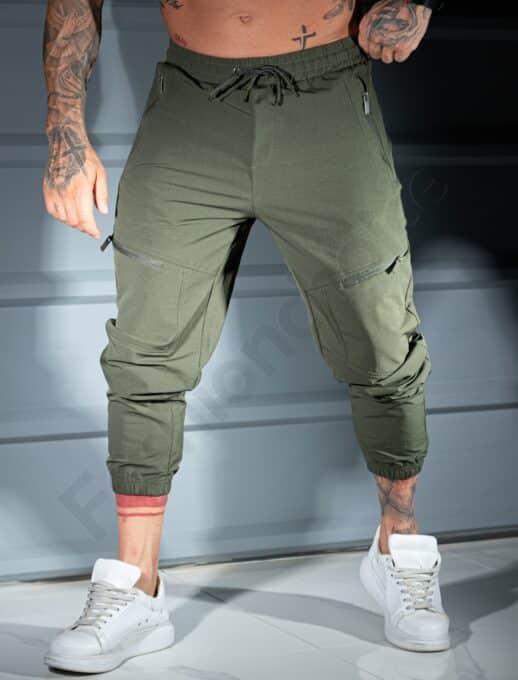 Pantalon sport pentru barbati din fas cu buzunare in fata-kaki cod 26175-2