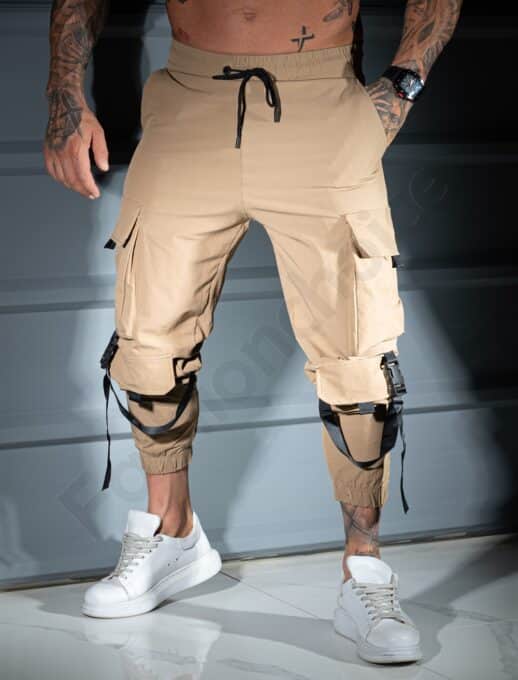 Pantalon sport pentru barbati din fas cu buzunare cargo si catarame-bej cod 9090-1