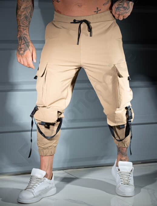 Pantalon sport pentru barbati din fas cu buzunare cargo si catarame-bej cod 9090-1