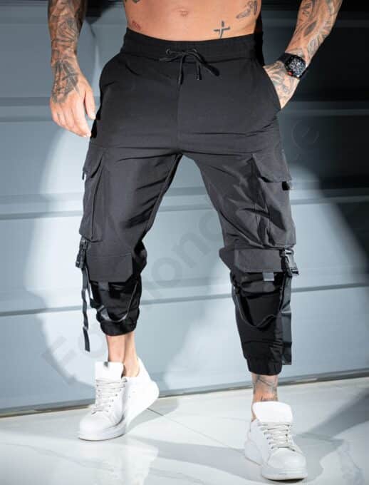 Pantalon sport pentru barbati din fas cu buzunare cargo si catarame-negru cod 9090