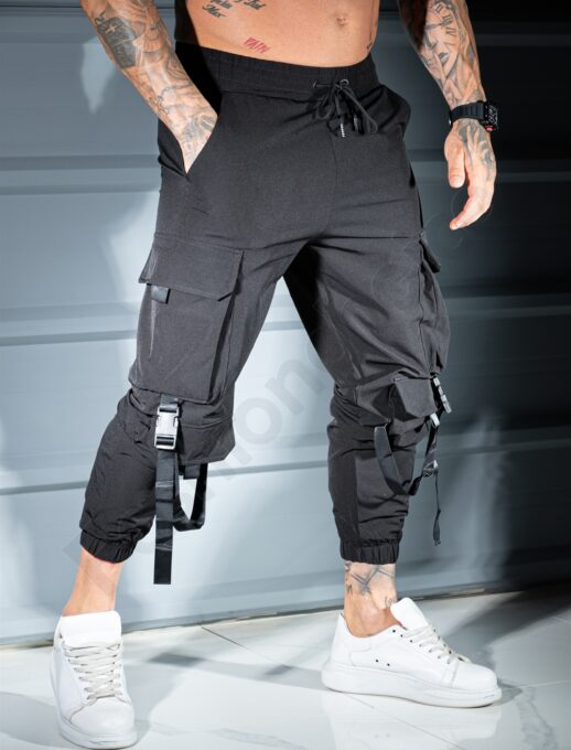 Pantalon sport pentru barbati din fas cu buzunare cargo si catarame-negru cod 9090