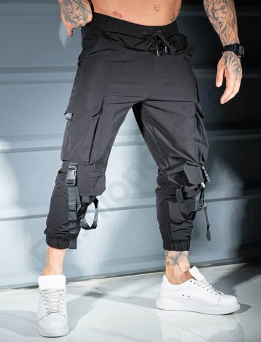 Pantalon sport pentru barbati din fas cu buzunare cargo si catarame-negru cod 9090