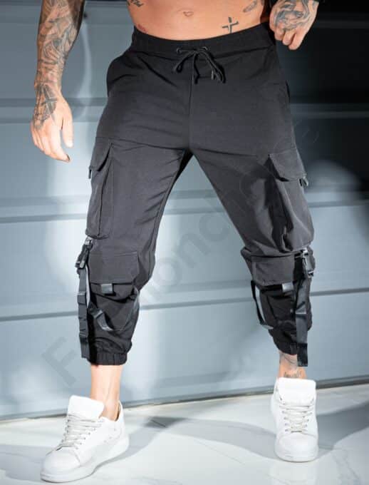 Pantalon sport pentru barbati din fas cu buzunare cargo si catarame-negru cod 9090
