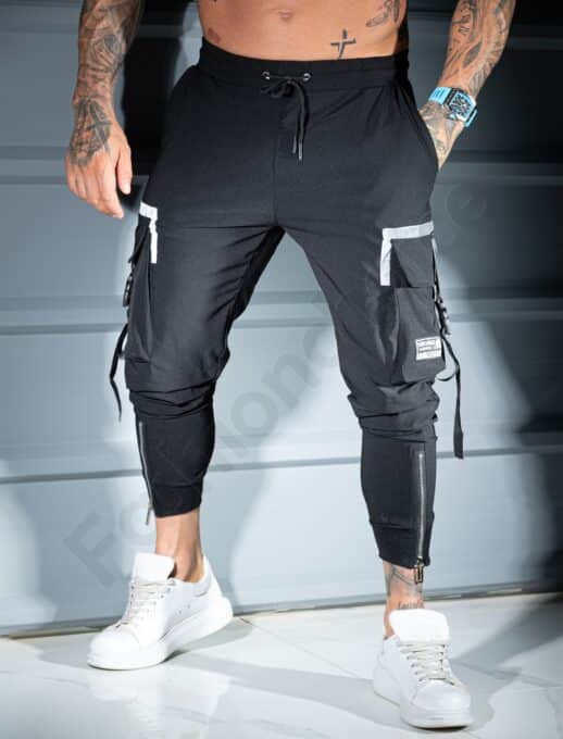 Pantalon sport pentru barbati din fas cu buzunare cargo si fermoar la gamba-negru cod 5568