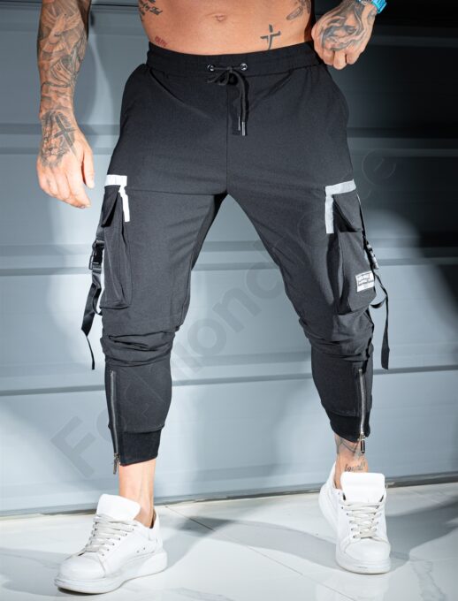 Pantalon sport pentru barbati din fas cu buzunare cargo si fermoar la gamba-negru cod 5568