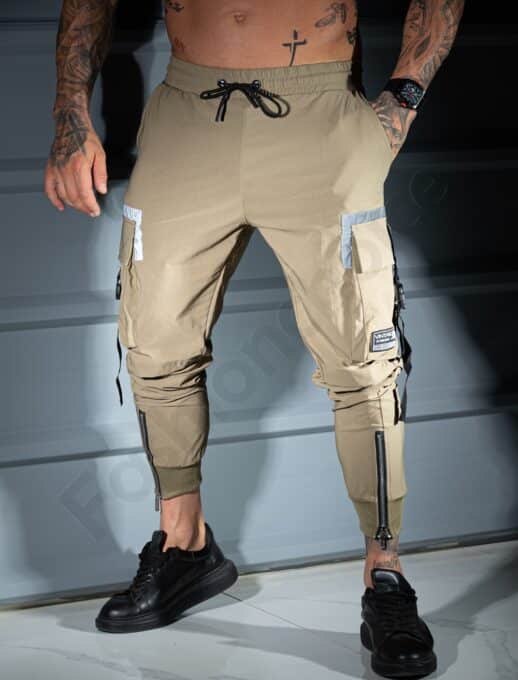 Pantalon sport pentru barbati din fas cu buzunare cargo si fermoar la gamba-bej cod 5568-1