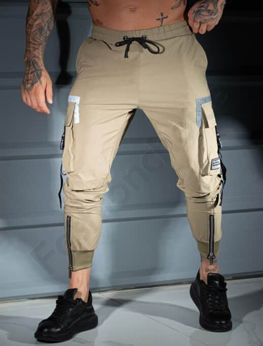 Pantalon sport pentru barbati din fas cu buzunare cargo si fermoar la gamba-bej cod 5568-1