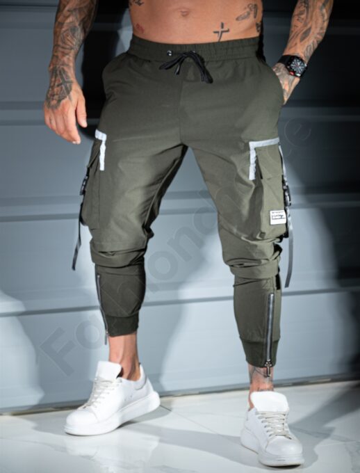 Pantalon sport pentru barbati din fas cu buzunare cargo si fermoar la gamba-kaki cod 5568-2