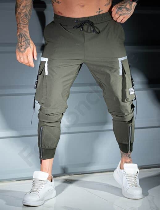 Pantalon sport pentru barbati din fas cu buzunare cargo si fermoar la gamba-kaki cod 5568-2