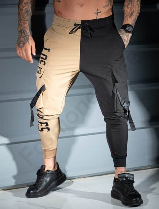 Pantalon sport bicolor din fas cu buzunare cargo LOS ANGELES-camel/negru cod 9960