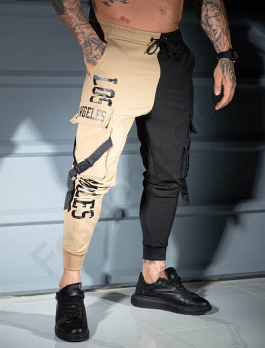 Pantalon sport bicolor din fas cu buzunare cargo LOS ANGELES-camel/negru cod 9960