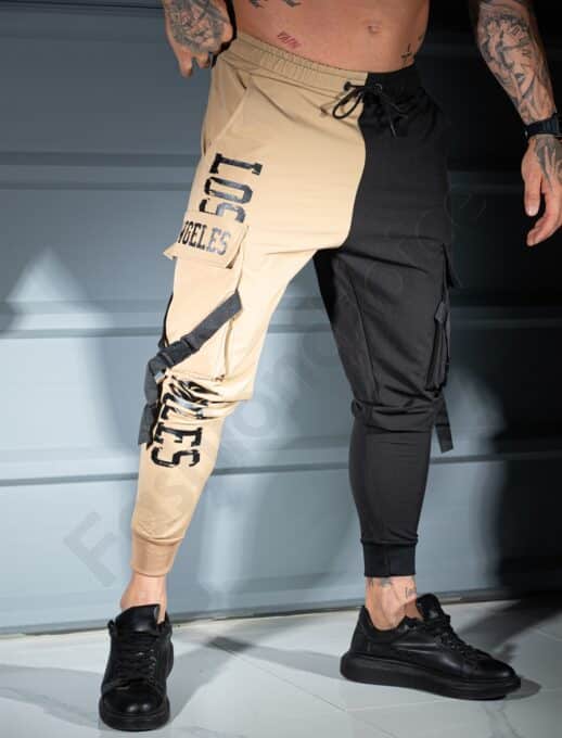 Pantalon sport bicolor din fas cu buzunare cargo LOS ANGELES-camel/negru cod 9960