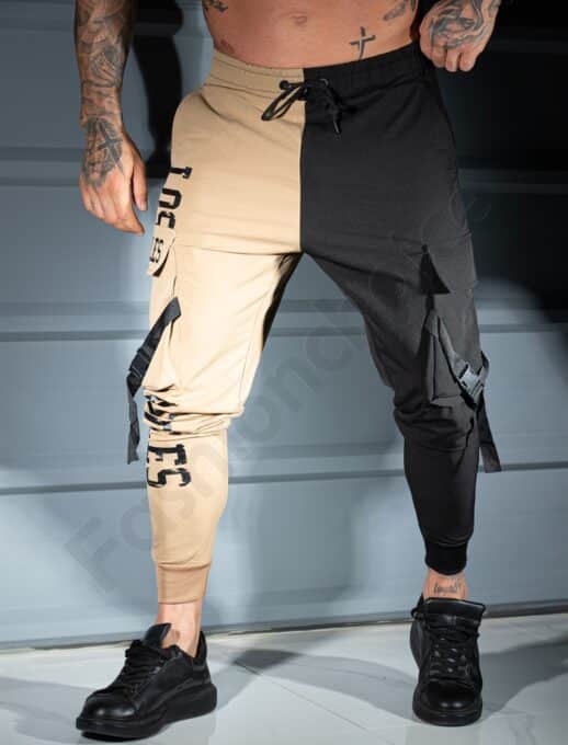 Pantalon sport bicolor din fas cu buzunare cargo LOS ANGELES-camel/negru cod 9960