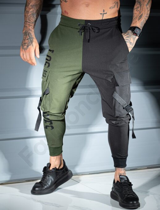 Pantalon sport bicolor din fas cu buzunare cargo LOS ANGELES-kaki/negru cod 9960-1
