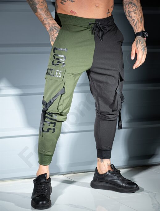 Pantalon sport bicolor din fas cu buzunare cargo LOS ANGELES-kaki/negru cod 9960-1