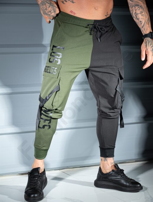 Pantalon sport bicolor din fas cu buzunare cargo LOS ANGELES-kaki/negru cod 9960-1