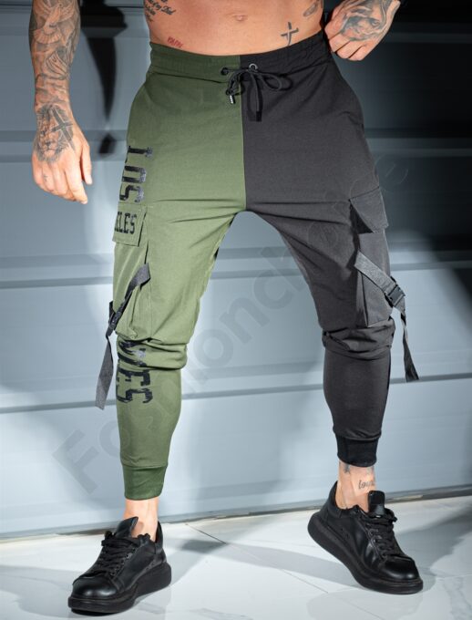 Pantalon sport bicolor din fas cu buzunare cargo LOS ANGELES-kaki/negru cod 9960-1